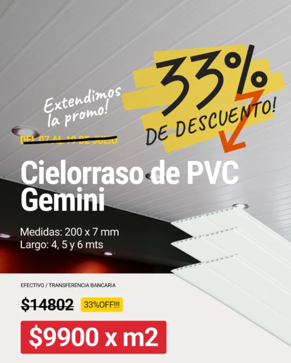 Cielorraso de PVC Gemini (200x7mm) x m2